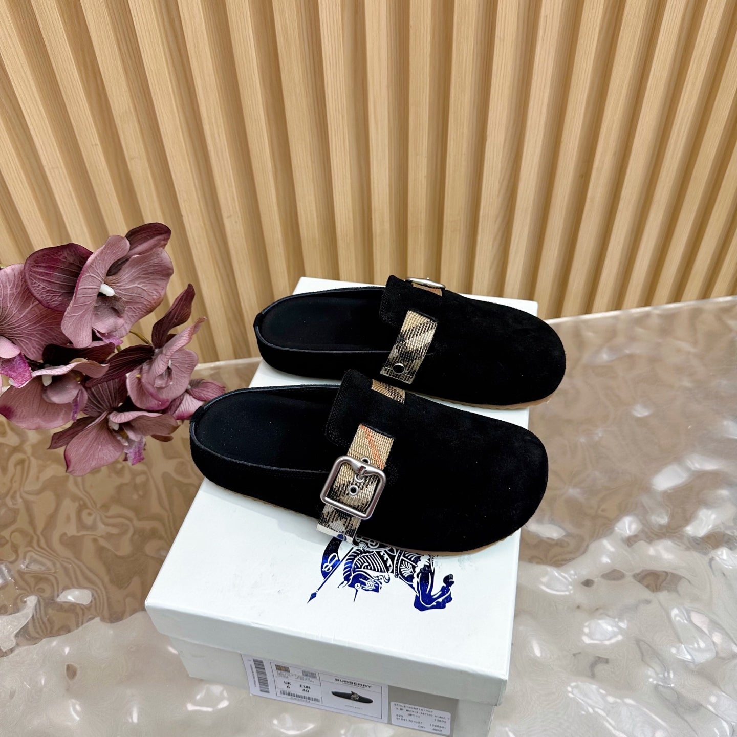 BURBERRY 26S BUCKLE MULES IN BLACK SUEDE