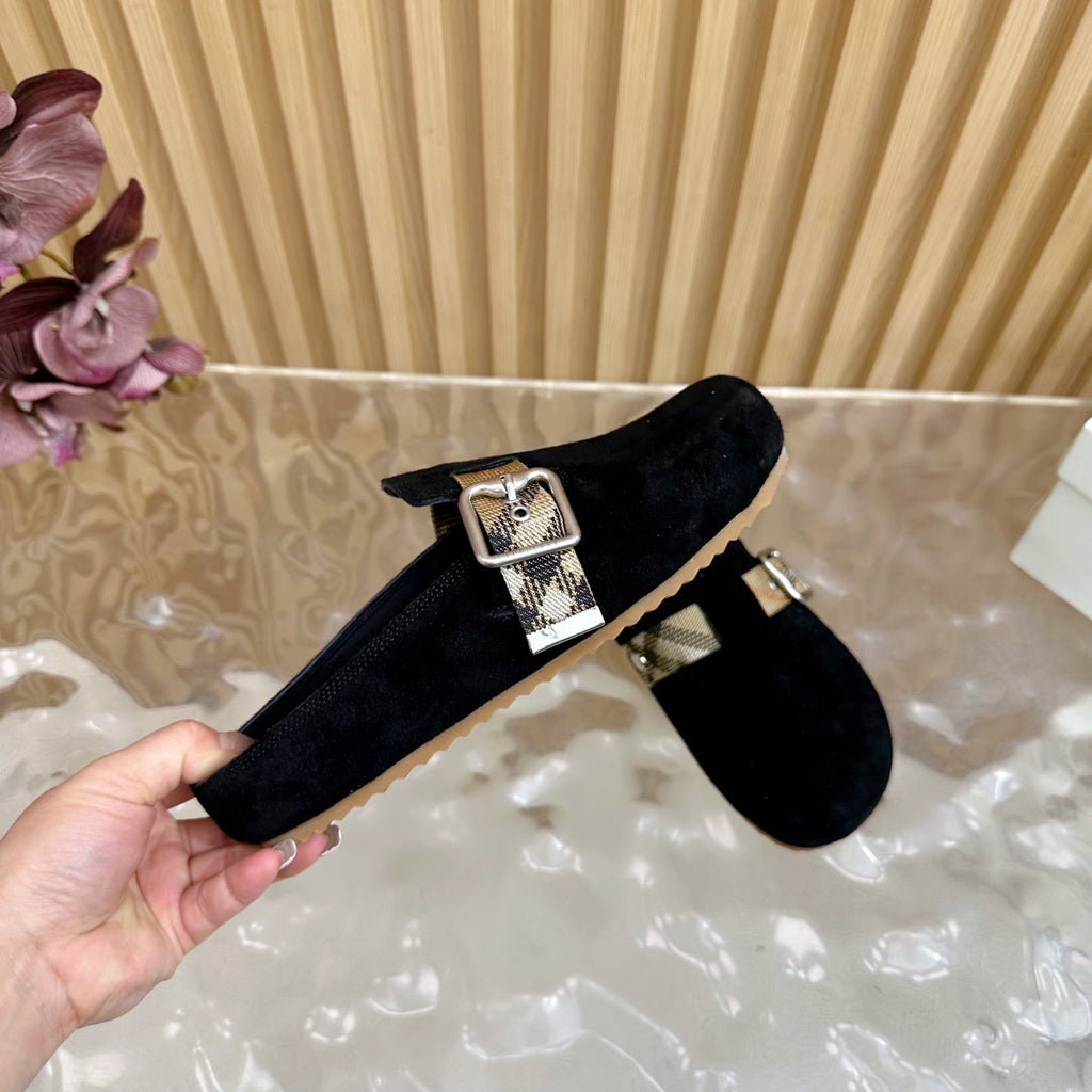 BURBERRY 26S BUCKLE MULES IN BLACK SUEDE