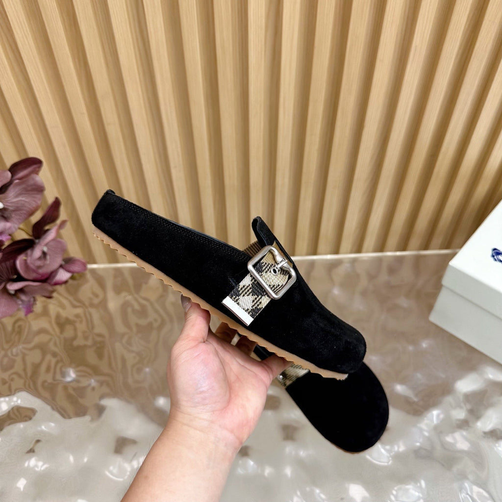 BURBERRY 26S BUCKLE MULES IN BLACK SUEDE