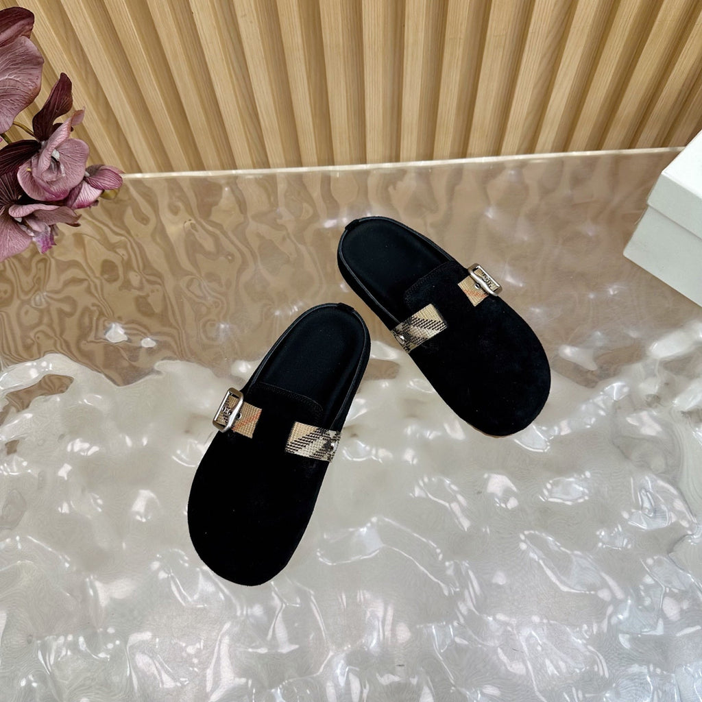 BURBERRY 26S BUCKLE MULES IN BLACK SUEDE