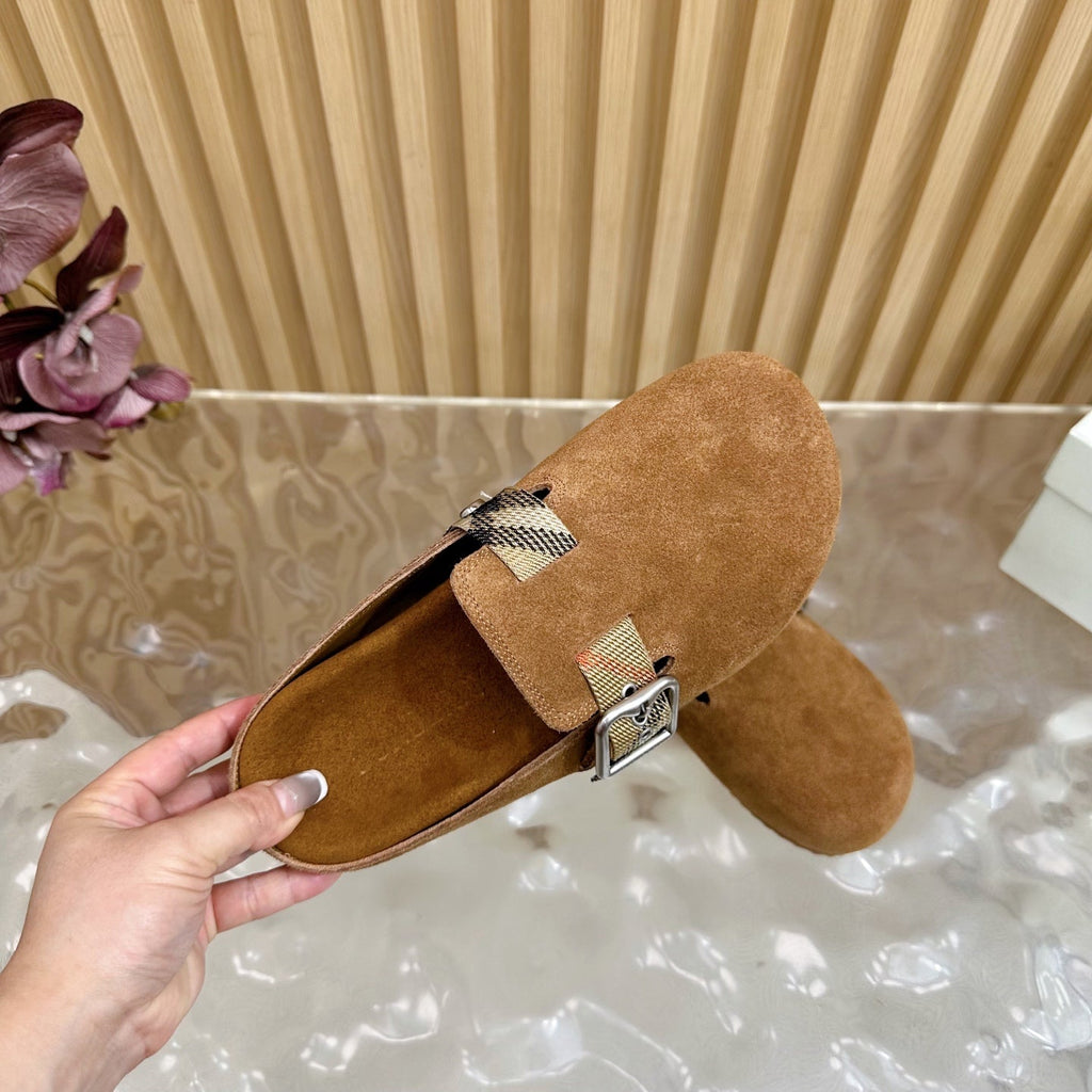 BURBERRY 26S BUCKLE MULES IN BROWN SUEDE