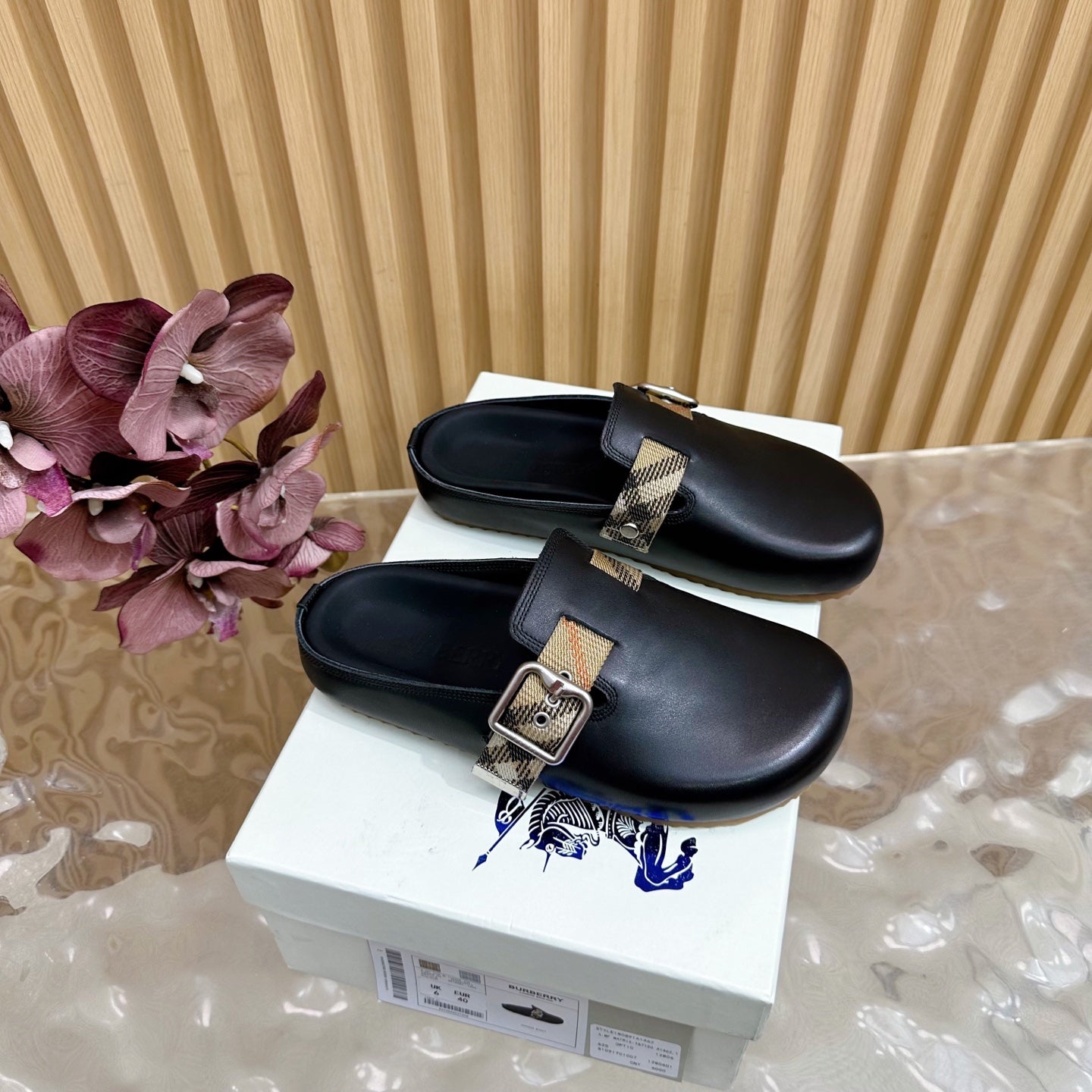 BURBERRY 26S PLAID BUCKLE MULES IN BLACK CALFSKIN