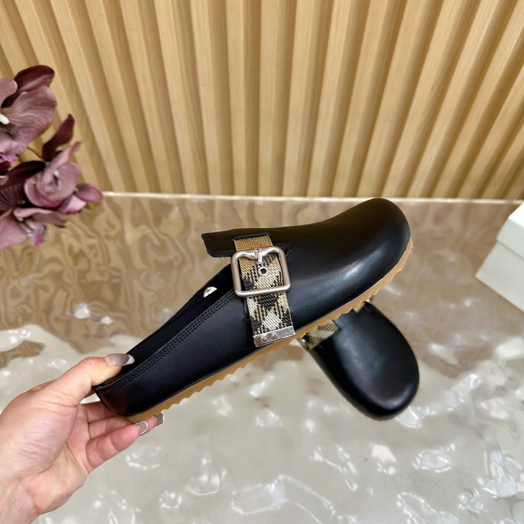 BURBERRY 26S PLAID BUCKLE MULES IN BLACK CALFSKIN