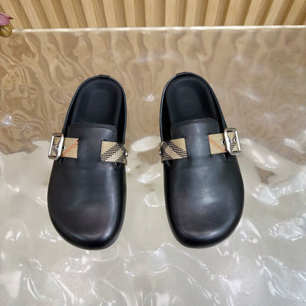 BURBERRY 26S PLAID BUCKLE MULES IN BLACK CALFSKIN
