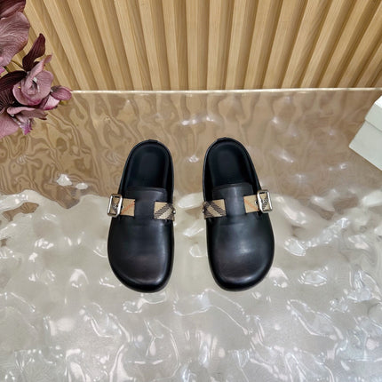 BURBERRY 26S PLAID BUCKLE MULES IN BLACK CALFSKIN