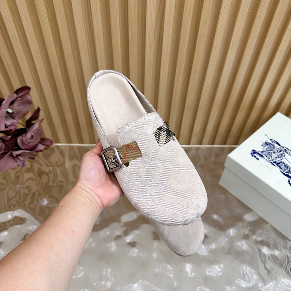 BURBERRY 26S PLAID BUCKLE MULES IN LIGHT BEIGE SUEDE