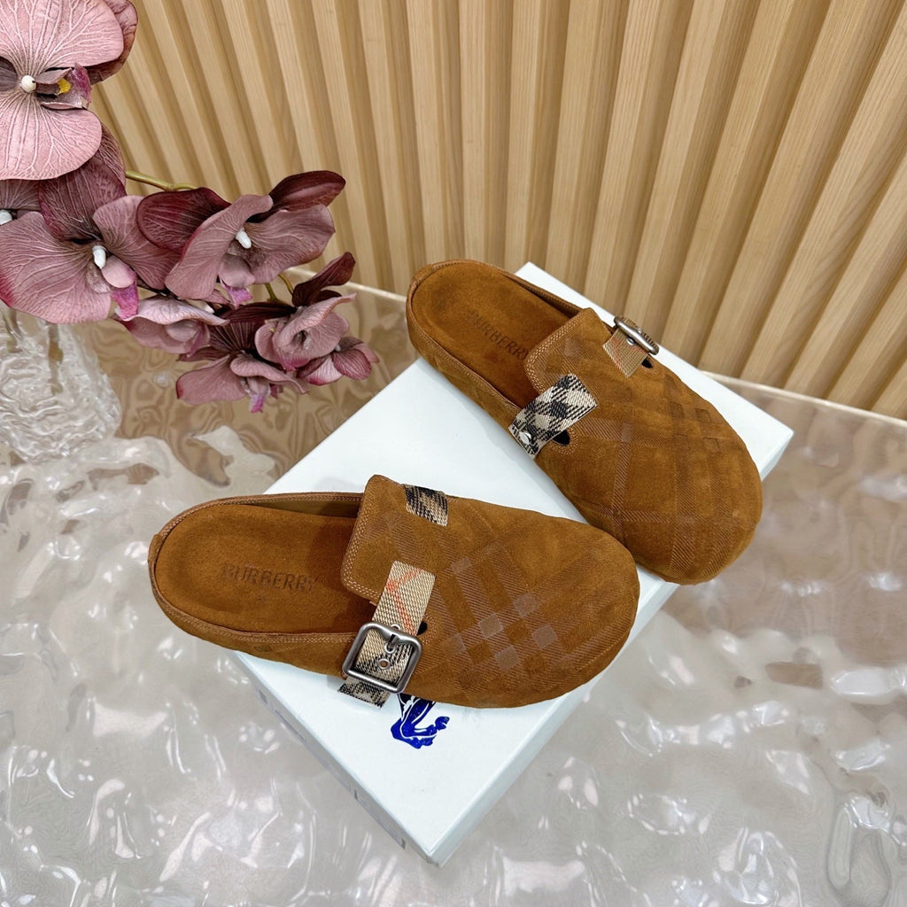 BURBERRY 26S PLAID BUCKLE MULES IN BROWN SUEDE