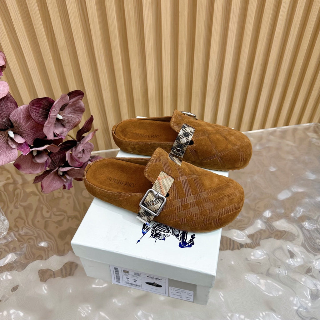 BURBERRY 26S PLAID BUCKLE MULES IN BROWN SUEDE