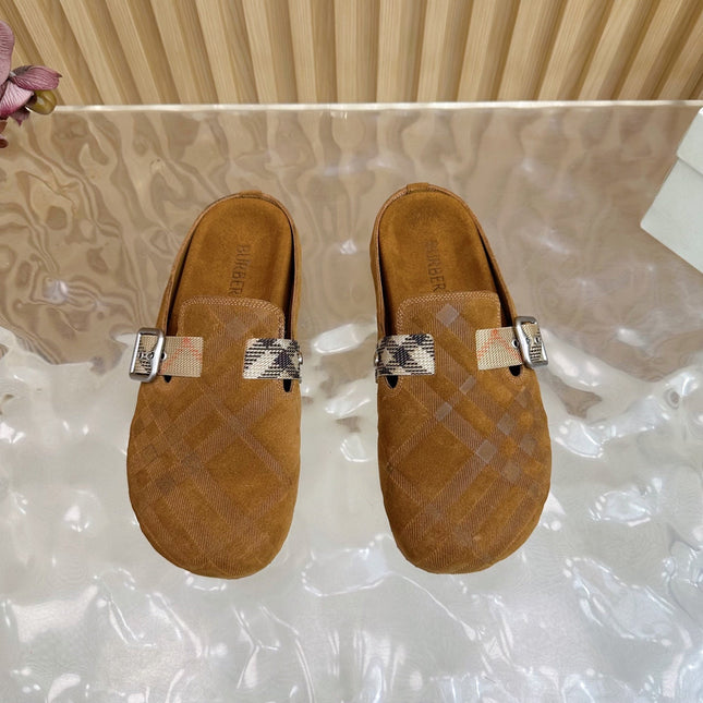 BURBERRY 26S PLAID BUCKLE MULES IN BROWN SUEDE