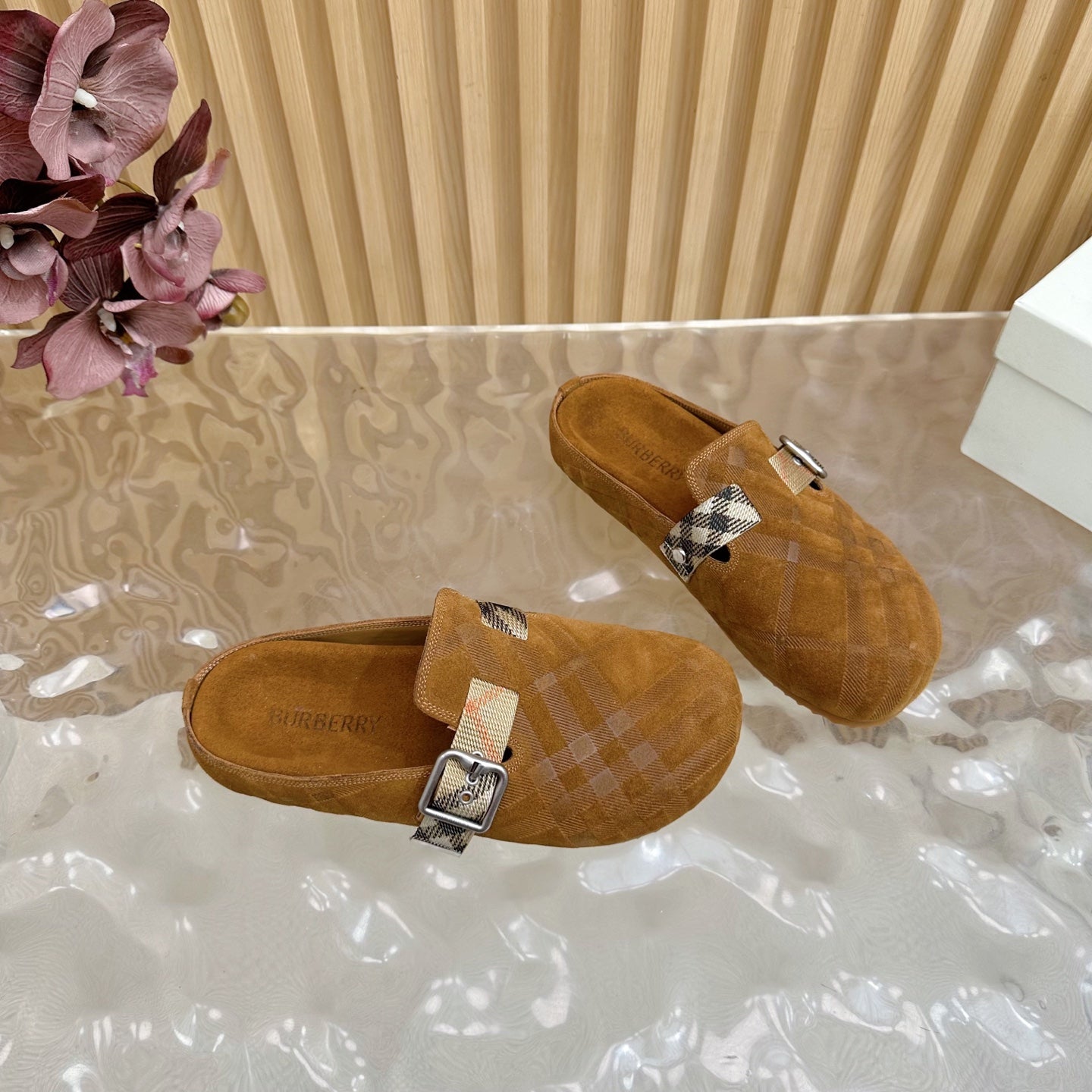 BURBERRY 26S PLAID BUCKLE MULES IN BROWN SUEDE