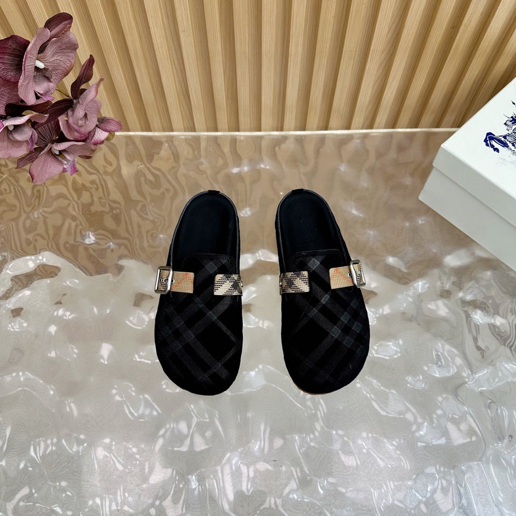 BURBERRY 26S PLAID BUCKLE MULES IN BLACK SUEDE