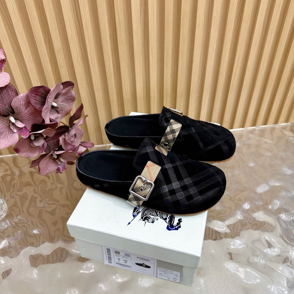 BURBERRY 26S PLAID BUCKLE MULES IN BLACK SUEDE