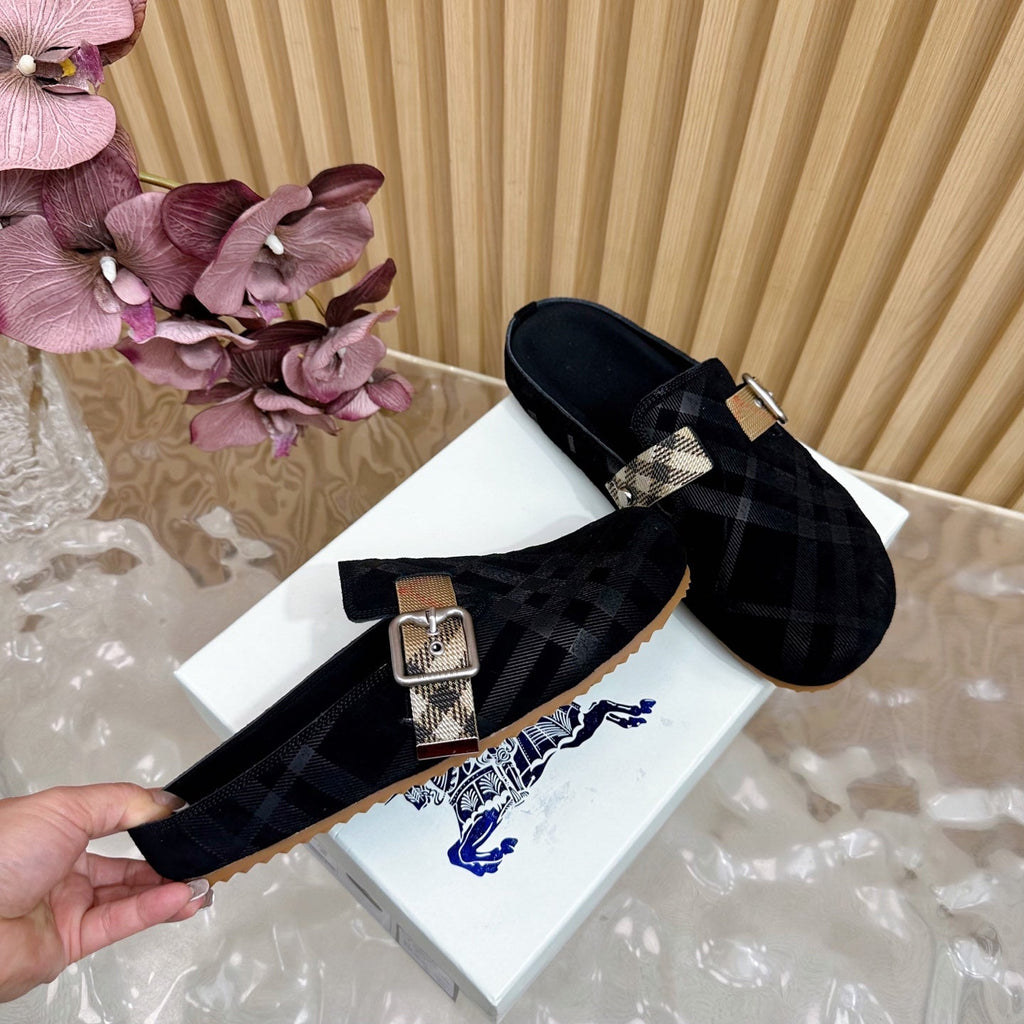 BURBERRY 26S PLAID BUCKLE MULES IN BLACK SUEDE