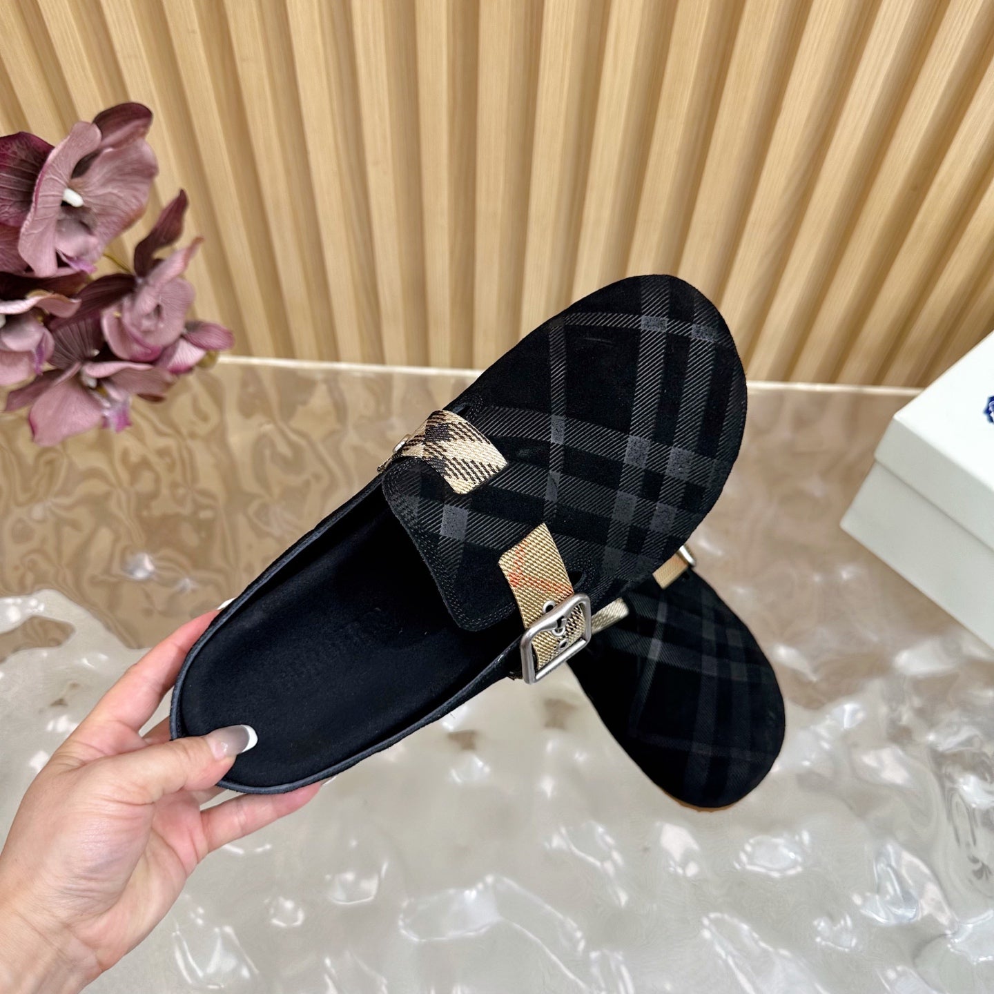 BURBERRY 26S PLAID BUCKLE MULES IN BLACK SUEDE