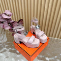 HM 25S CLASSIC WEDGE SANDALS 70 MM IN LIGHT PINK LAMBSKIN WITH SILVER HARDWARE