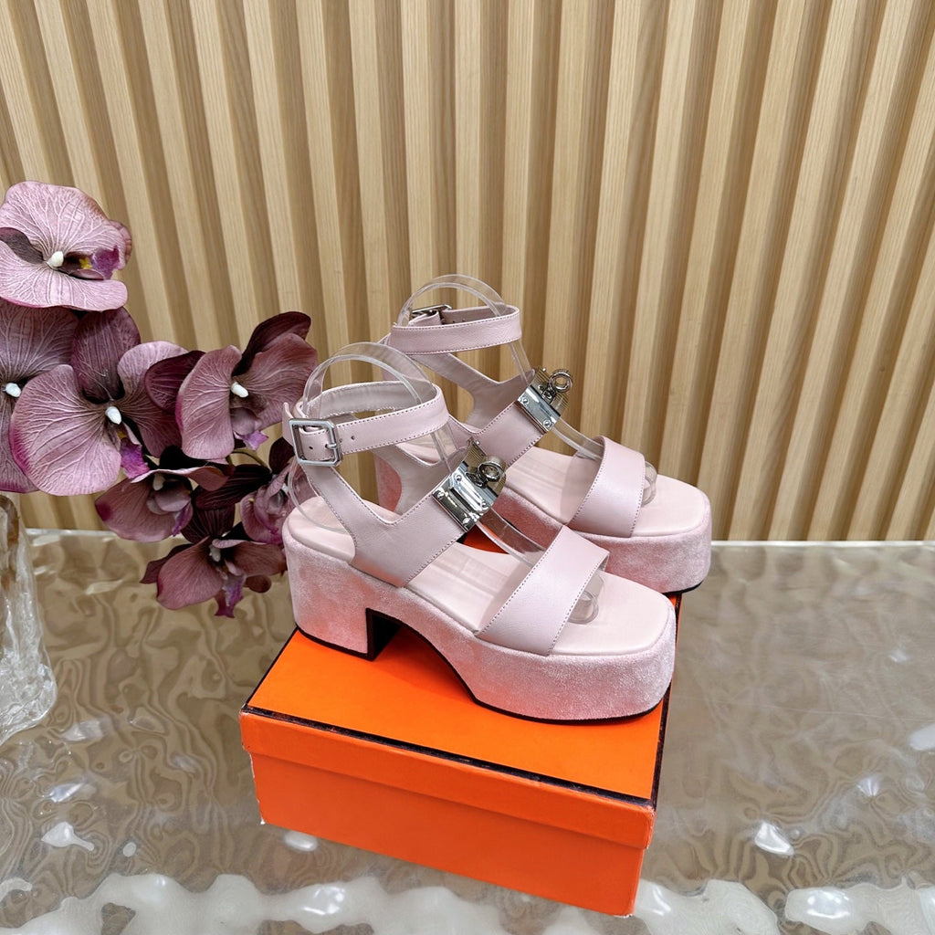 HM 25S CLASSIC WEDGE SANDALS 70 MM IN LIGHT PINK LAMBSKIN WITH SILVER HARDWARE