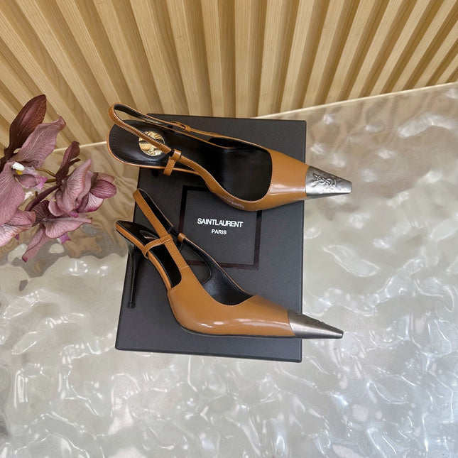 YSL 25S HIGH-HEEL SLINGBACKS 105 MM IN CAMEL BROWN LAMBSKIN AND SILVER HARDWARE