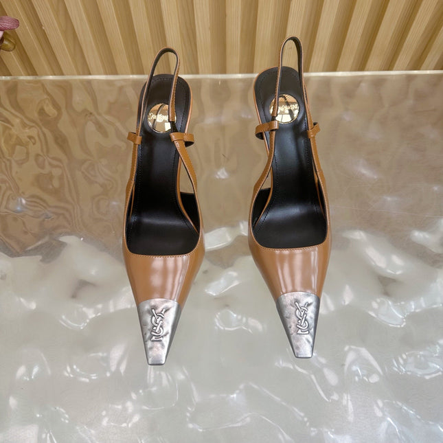 YSL 25S HIGH-HEEL SLINGBACKS 85 MM IN CAMEL BROWN LAMBSKIN AND SILVER HARDWARE