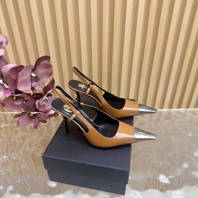 YSL 25S HIGH-HEEL SLINGBACKS 105 MM IN CAMEL BROWN LAMBSKIN AND SILVER HARDWARE