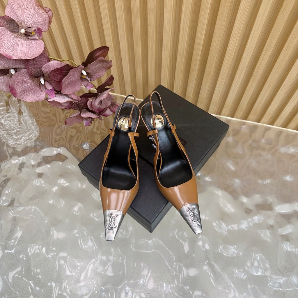 YSL 25S HIGH-HEEL SLINGBACKS 105 MM IN CAMEL BROWN LAMBSKIN AND SILVER HARDWARE