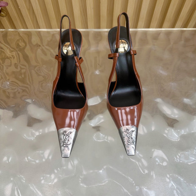 YSL 25S HIGH-HEEL SLINGBACKS 85 MM IN REDWOOD BROWN LAMBSKIN AND SILVER HARDWARE