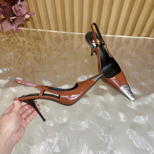 YSL 25S HIGH-HEEL SLINGBACKS 105 MM IN REDWOOD BROWN LAMBSKIN AND SILVER HARDWARE