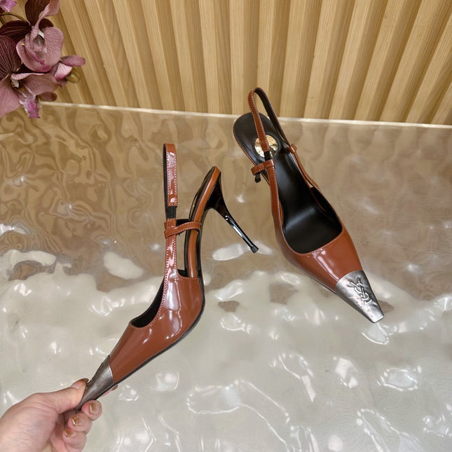 YSL 25S HIGH-HEEL SLINGBACKS 85 MM IN REDWOOD BROWN LAMBSKIN AND SILVER HARDWARE
