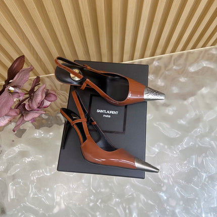YSL 25S HIGH-HEEL SLINGBACKS 105 MM IN REDWOOD BROWN LAMBSKIN AND SILVER HARDWARE