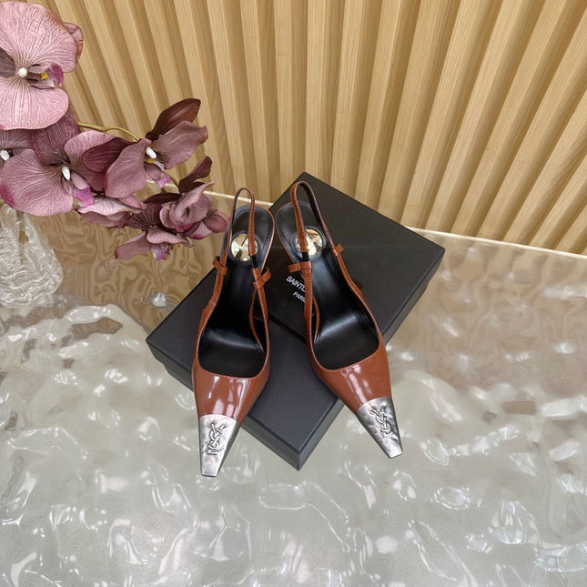 YSL 25S HIGH-HEEL SLINGBACKS 105 MM IN REDWOOD BROWN LAMBSKIN AND SILVER HARDWARE