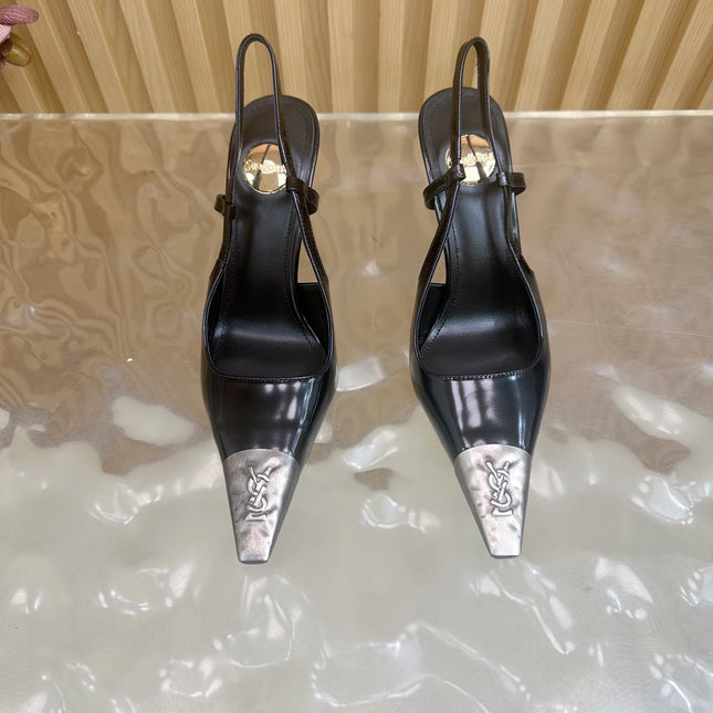 YSL 25S HIGH-HEEL SLINGBACKS 105 MM IN BLACK SHINY LAMBSKIN AND SILVER HARDWARE