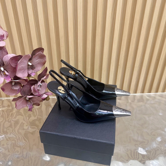 YSL 25S HIGH-HEEL SLINGBACKS 85 MM IN BLACK SHINY LAMBSKIN AND SILVER HARDWARE