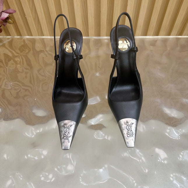 YSL 25S HIGH-HEEL SLINGBACKS 85 MM IN BLACK LAMBSKIN AND SILVER HARDWARE