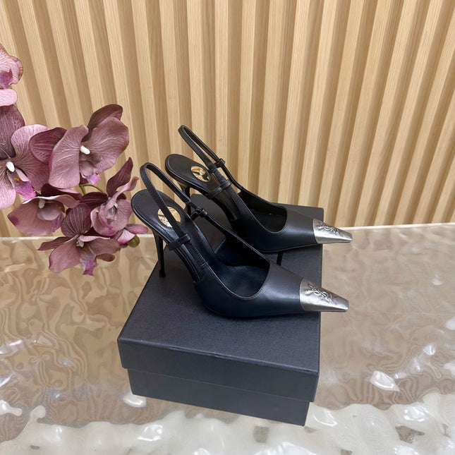 YSL 25S HIGH-HEEL SLINGBACKS 85 MM IN BLACK LAMBSKIN AND SILVER HARDWARE