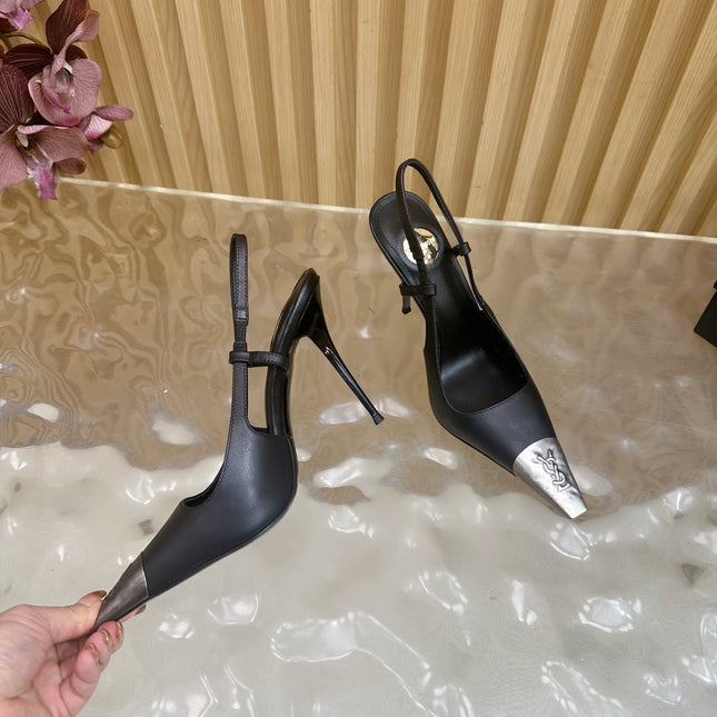 YSL 25S HIGH-HEEL SLINGBACKS 105 MM IN BLACK LAMBSKIN AND SILVER HARDWARE