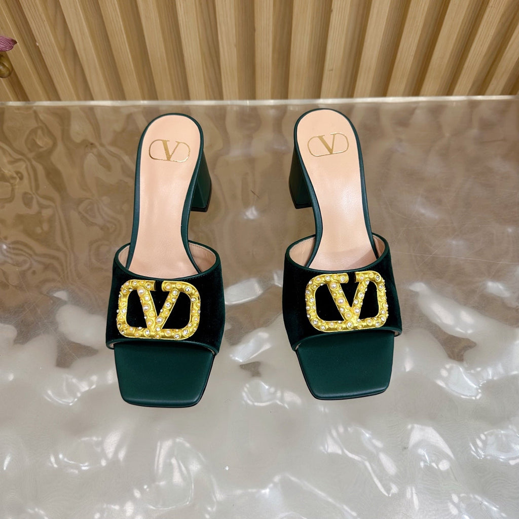 VALENTINO 25S HIGH-HEEL MULES 60 MM IN DARK GREEN VELVET AND CALFSKIN WITH GOLD HARDWARE