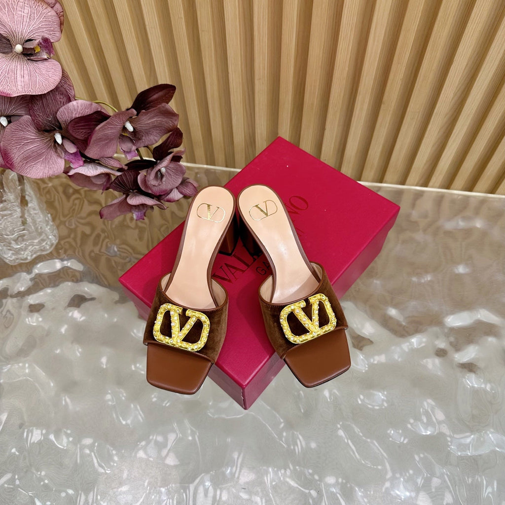 VALENTINO 25S HIGH-HEEL MULES 60 MM IN BROWN VELVET AND CALFSKIN WITH GOLD HARDWARE