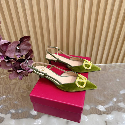 VALENTINO 25S HIGH-HEEL SLINGBACKS IN MOSS GREEN VELVET WITH GOLD HARDWARE
