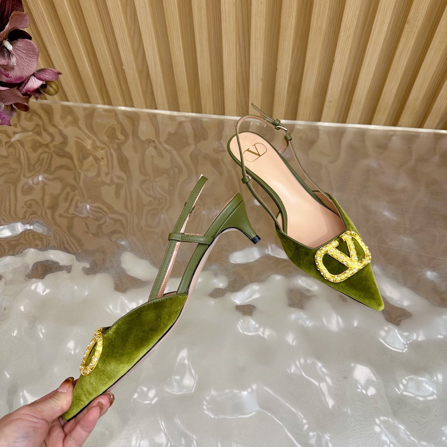 VALENTINO 25S HIGH-HEEL SLINGBACKS IN MOSS GREEN VELVET WITH GOLD HARDWARE