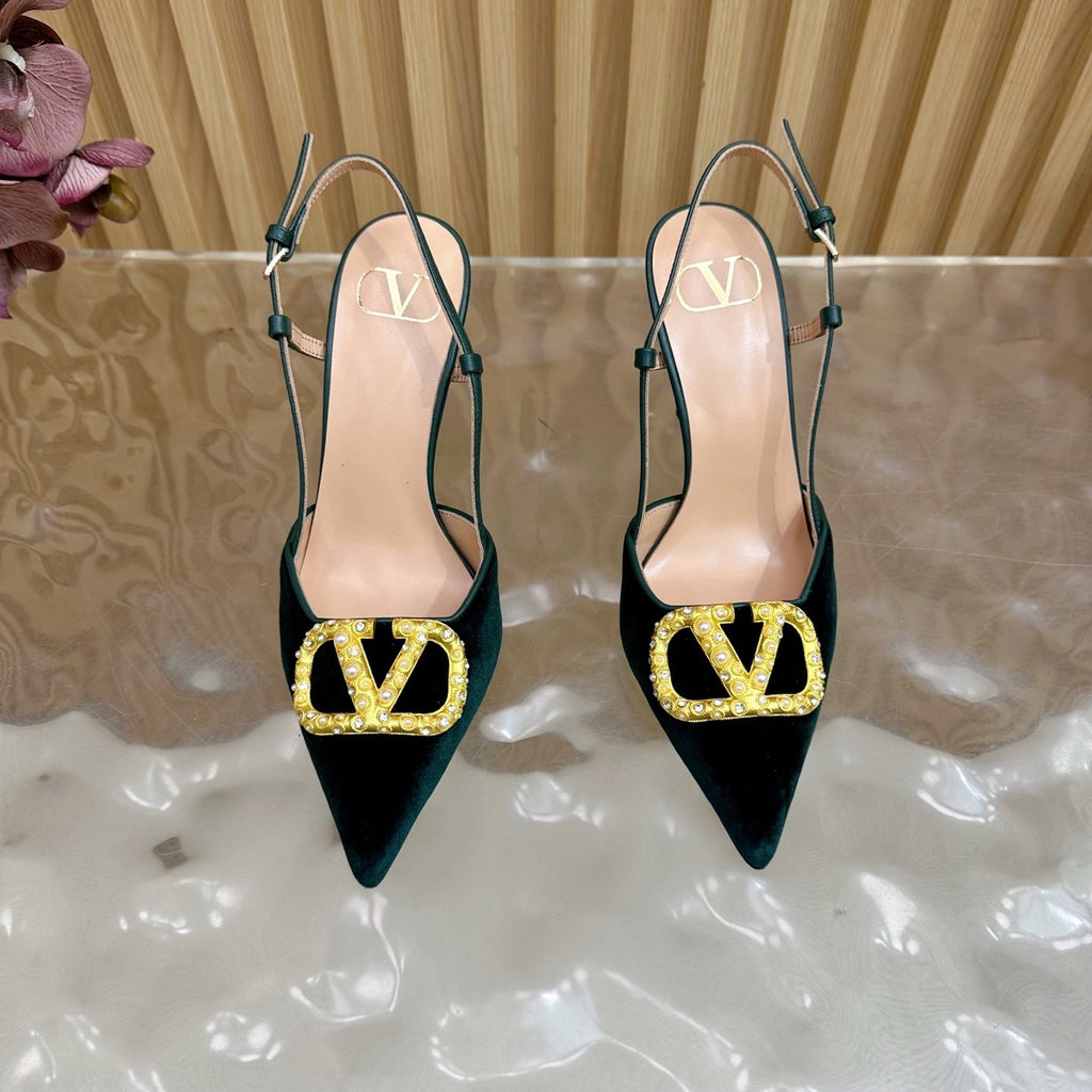 VALENTINO 25S HIGH-HEEL SLINGBACKS IN DARK GREEN VELVET WITH GOLD HARDWARE