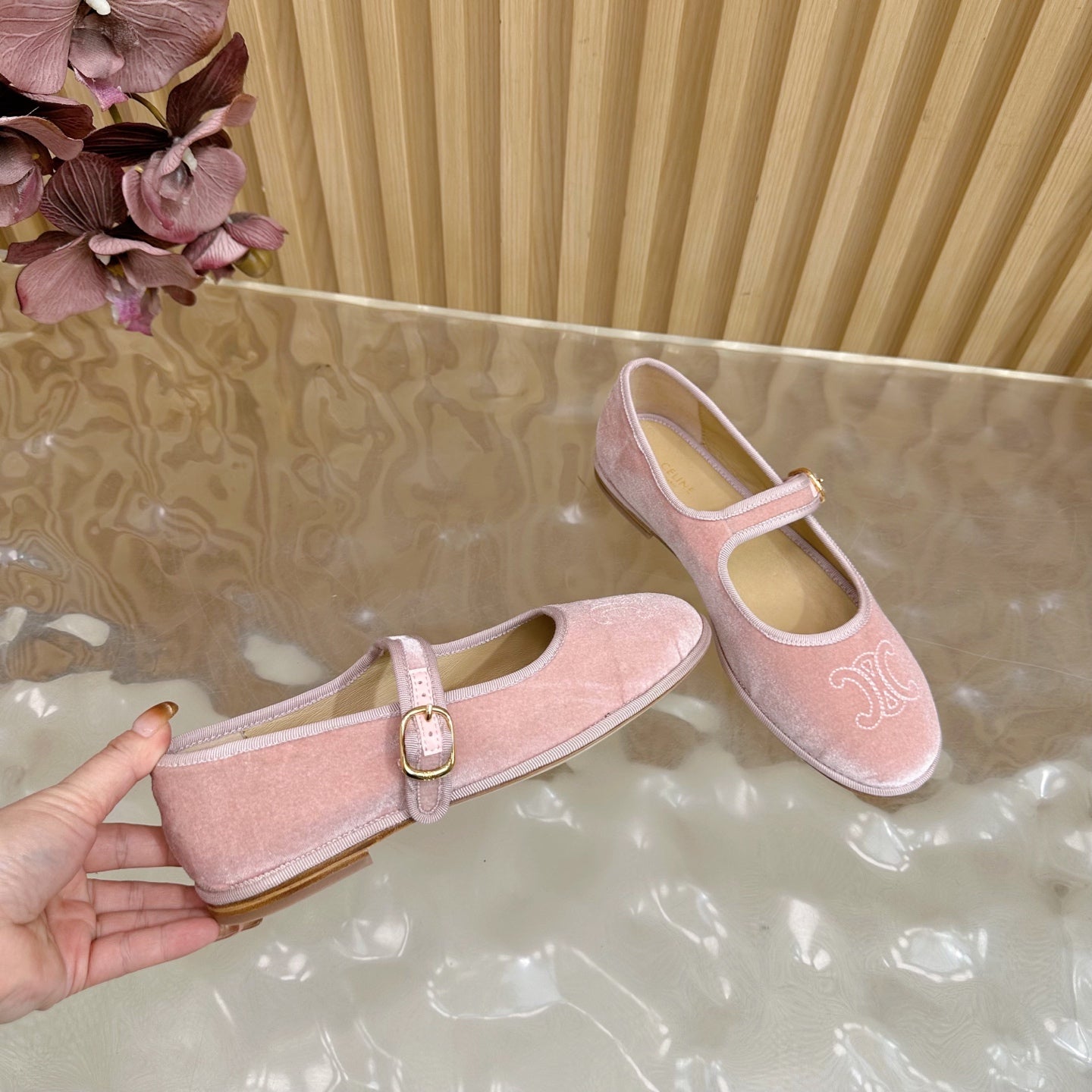 CELINE 26S MARY JANE FLATS IN PINK VELVET