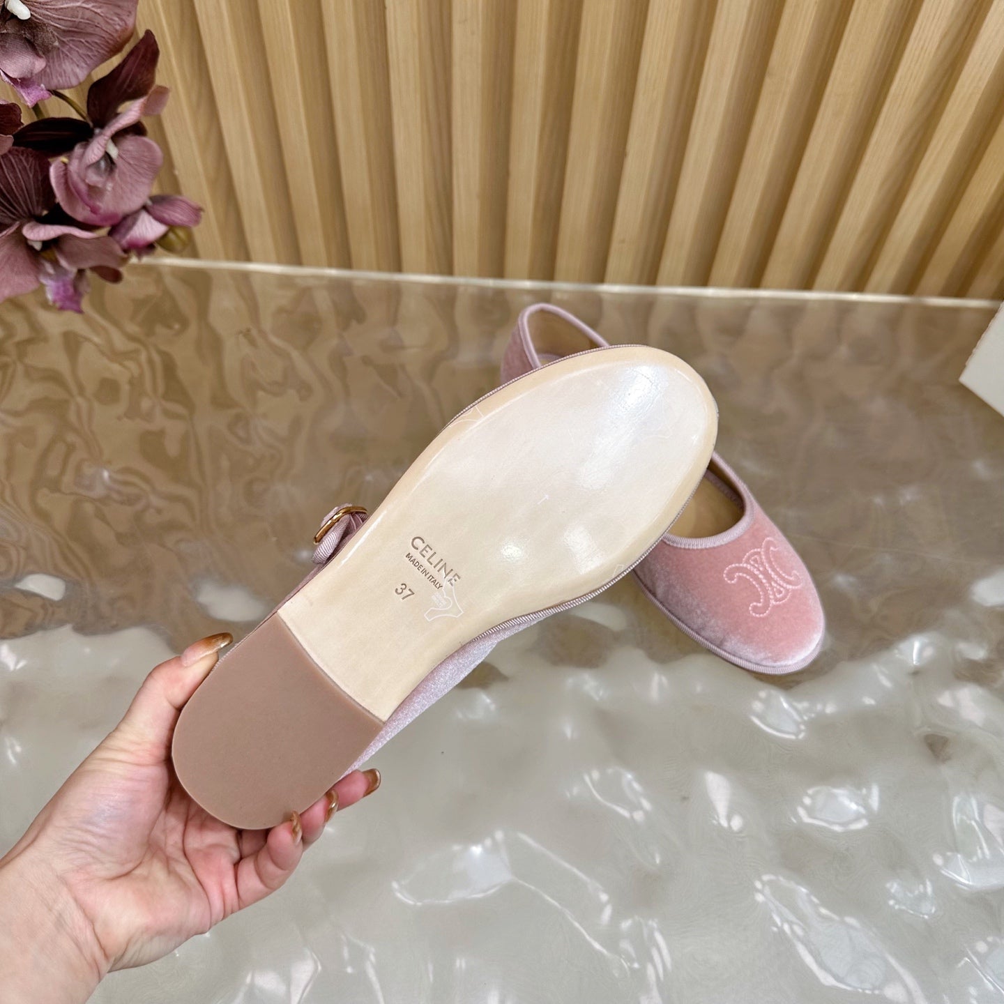 CELINE 26S MARY JANE FLATS IN PINK VELVET