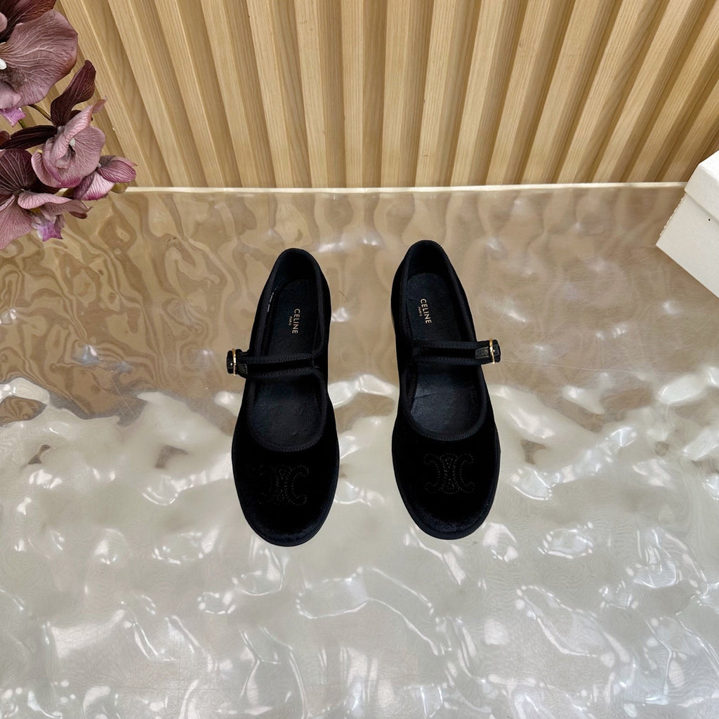 CELINE 26S MARY JANE FLATS IN BLACK VELVET