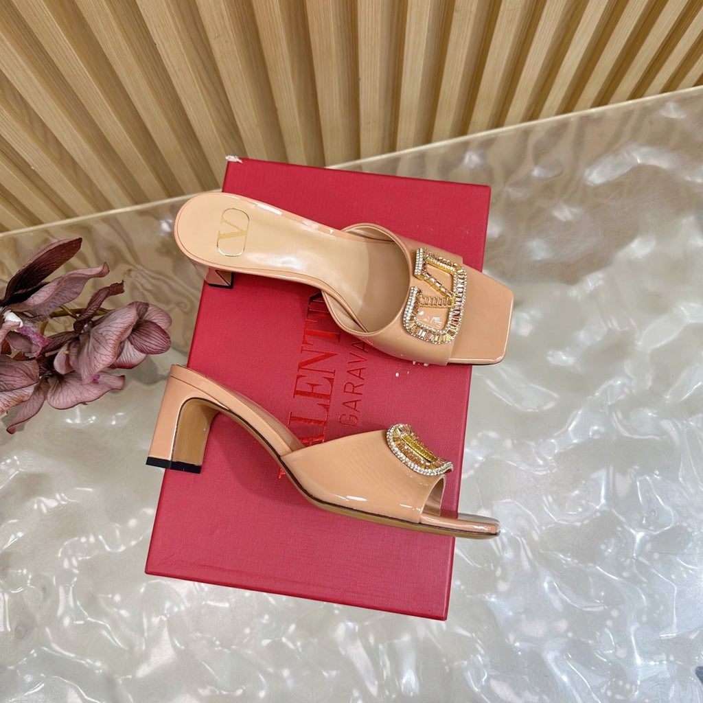 VALENTINO 25S HIGH-HEEL MULES 60 MM IN WARM BEIGE PATENT CALFSKIN WITH CRYSTAL-EMBELLISHED STRAP