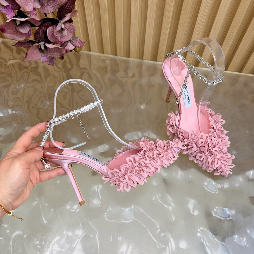 JIMMY CHOO 26S HIGH HEELS 100 MM IN PINK FABRIC AND LAMBSKIN CRYSTAL STRAPS