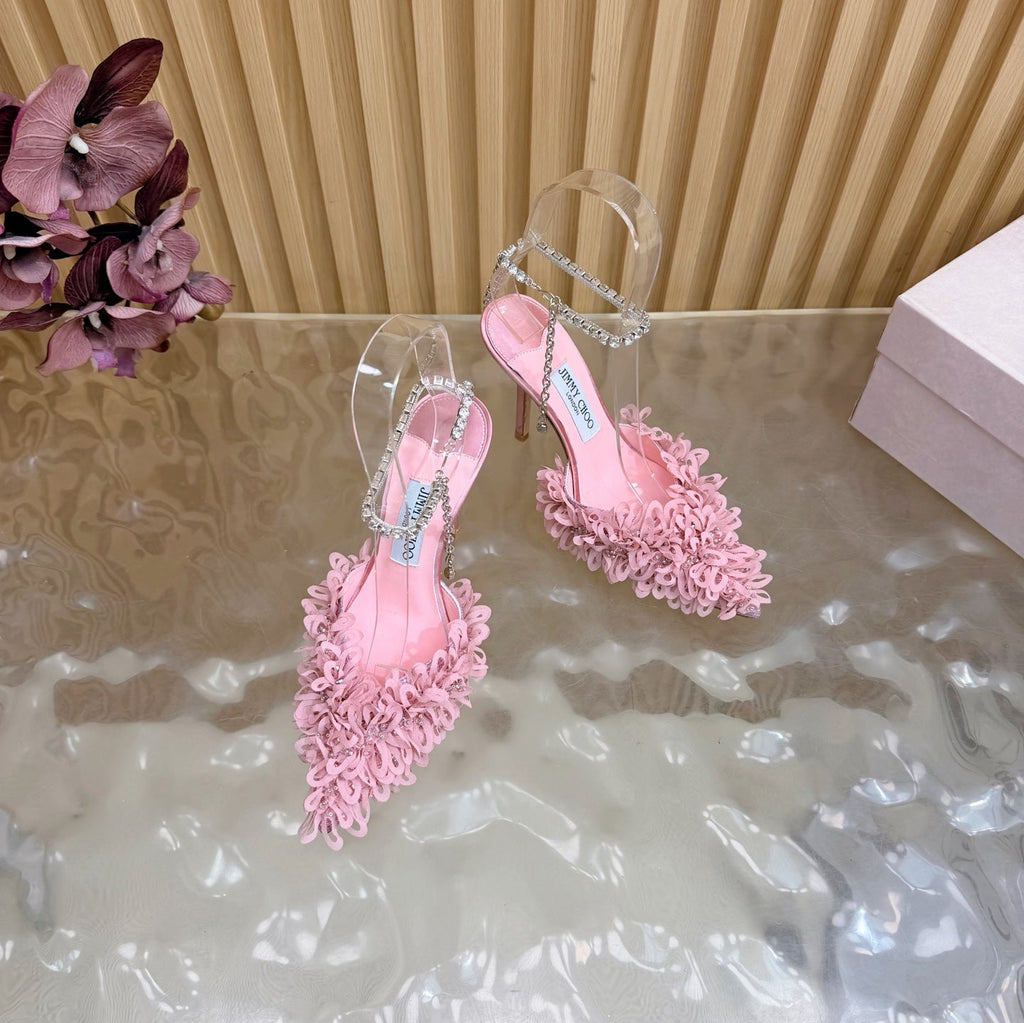 JIMMY CHOO 26S HIGH HEELS 100 MM IN PINK FABRIC AND LAMBSKIN CRYSTAL STRAPS