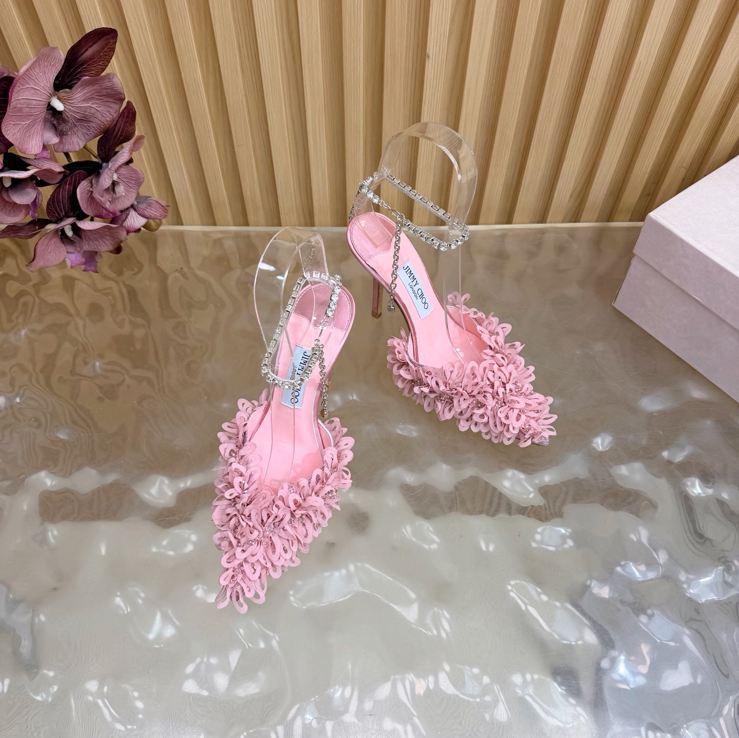 JIMMY CHOO 26S HIGH HEELS 100 MM IN PINK FABRIC AND LAMBSKIN CRYSTAL STRAPS