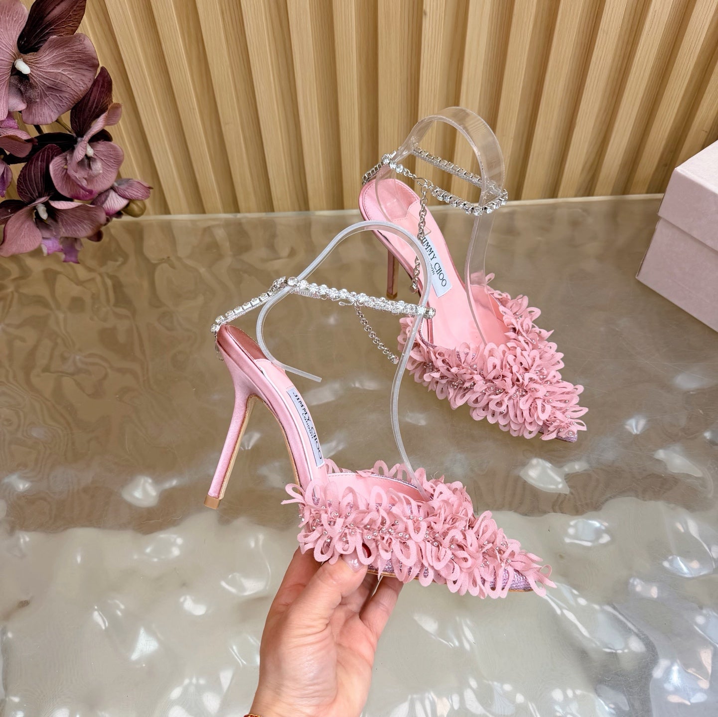 JIMMY CHOO 26S HIGH HEELS 100 MM IN PINK FABRIC AND LAMBSKIN CRYSTAL STRAPS