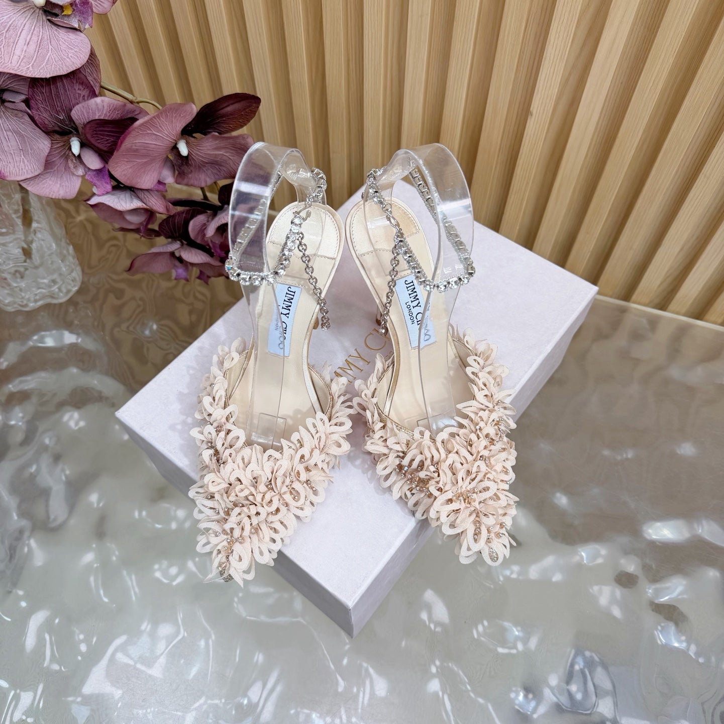 JIMMY CHOO 26S HIGH HEELS 100 MM IN NUDE PINK FABRIC AND LAMBSKIN CRYSTAL STRAPS