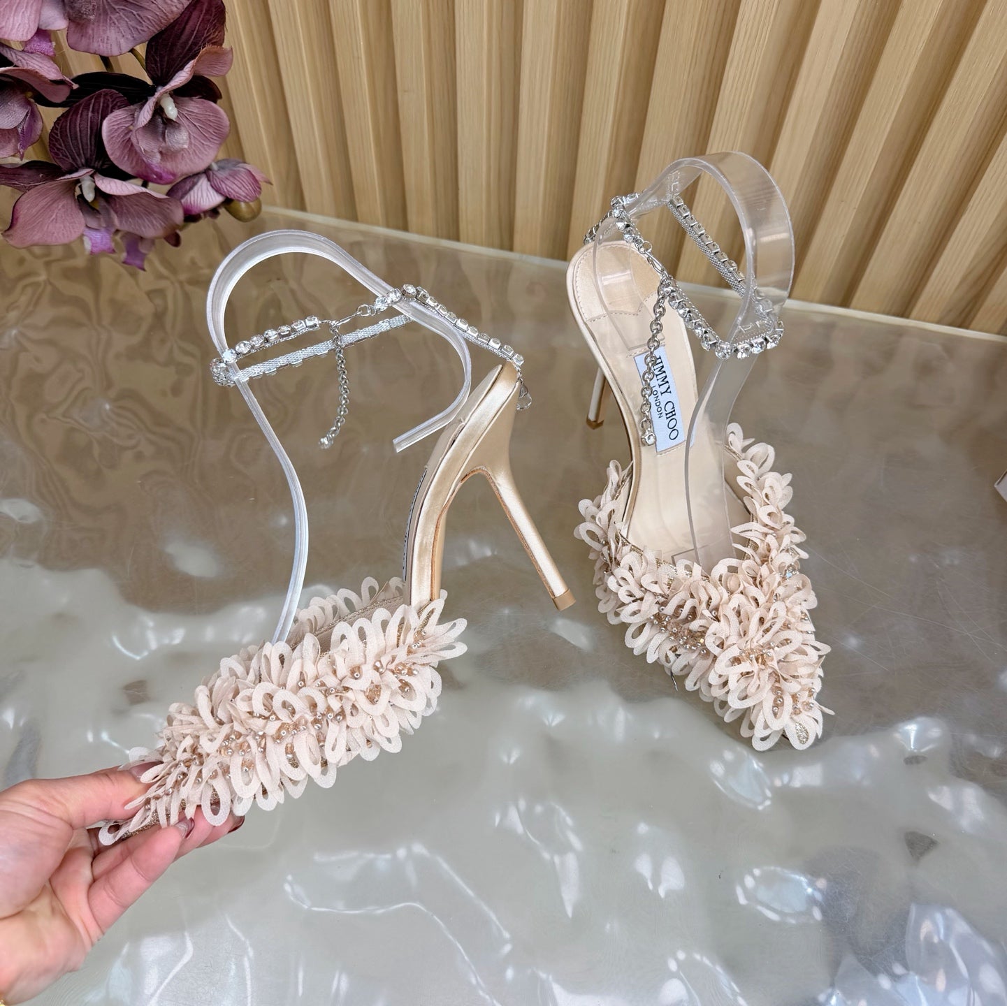 JIMMY CHOO 26S HIGH HEELS 100 MM IN NUDE PINK FABRIC AND LAMBSKIN CRYSTAL STRAPS