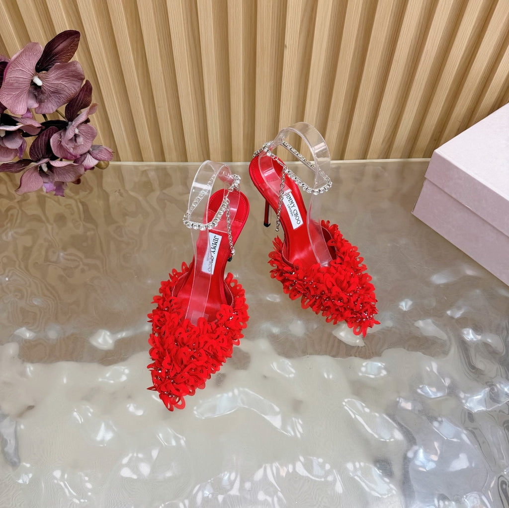 JIMMY CHOO 26S HIGH HEELS 100 MM IN RED FABRIC AND LAMBSKIN CRYSTAL STRAPS